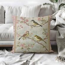 1 buc. Față de pernă decorativă cu model vintage de păsări și crengi florale, material moale din catifea piersică, imprimare pe o singură față, 45 * 45 cm / 50 * 50 cm, potrivită pentru casă, dormitor, sufragerie, canapea, cadou