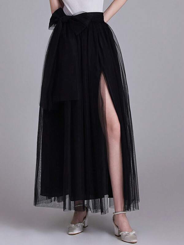 1 Pc Split Floor Length Maxi Tulle Skirt With Tulle Belt For Wedding Prom/Festival Party/Cosplay Black/White/Dark Green/Royal Blue/Red