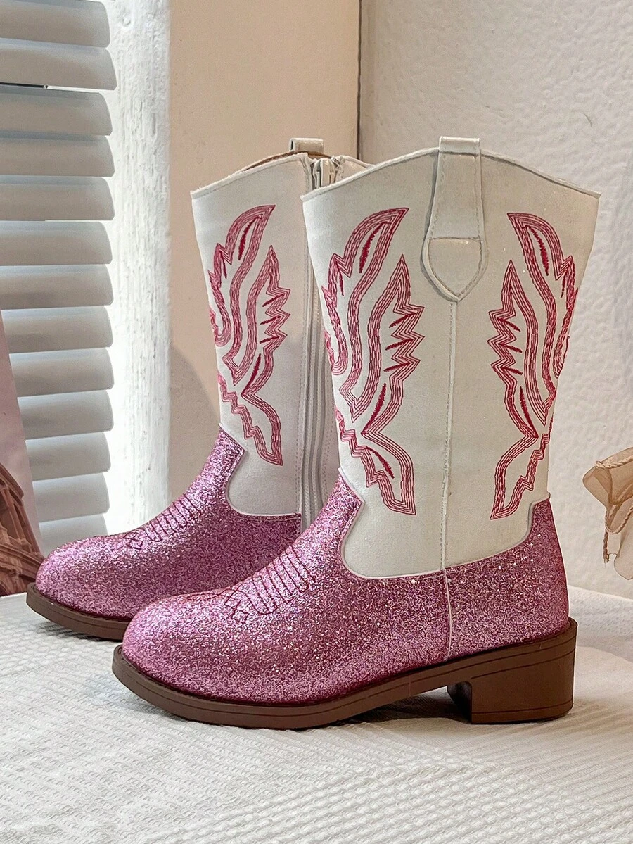 1雙 2026款女童粉色火焰刺繡亮片PU圓頭中筒側拉鍊低粗跟西部牛仔靴,適合日常穿著、上學、生日派對 - 玫紅色 - 查看 1