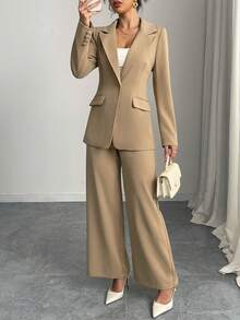 女士春秋翻领优雅西装外套和裤子套装，适合日常通勤