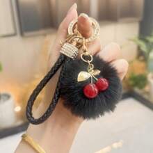 TTOBS 1pc Elegant Braided Leather Keychain With Fluffy Pompom Charm - Durable, Stylish & Versatile Women Key Holder - Multiple Colors, Perfect Car Owner Accessory, Fashionable Gift Idea