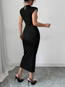 Women's Rose Gold Metal Buckle Waist Fitted Dress - Black - View 6