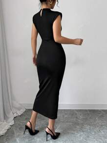 Women's Rose Gold Metal Buckle Waist Fitted Dress