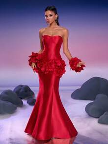 Anymoon Women's Luxury 3D Floral High Waist Mermaid Formal Evening Dress, Suitable For Wedding Guest, Graduation, Prom, Elegant Gown, Luxury Wedding Party Dress, Mother Of The Bride Dress, Ladies Cocktail Party Dress - Red - View 10