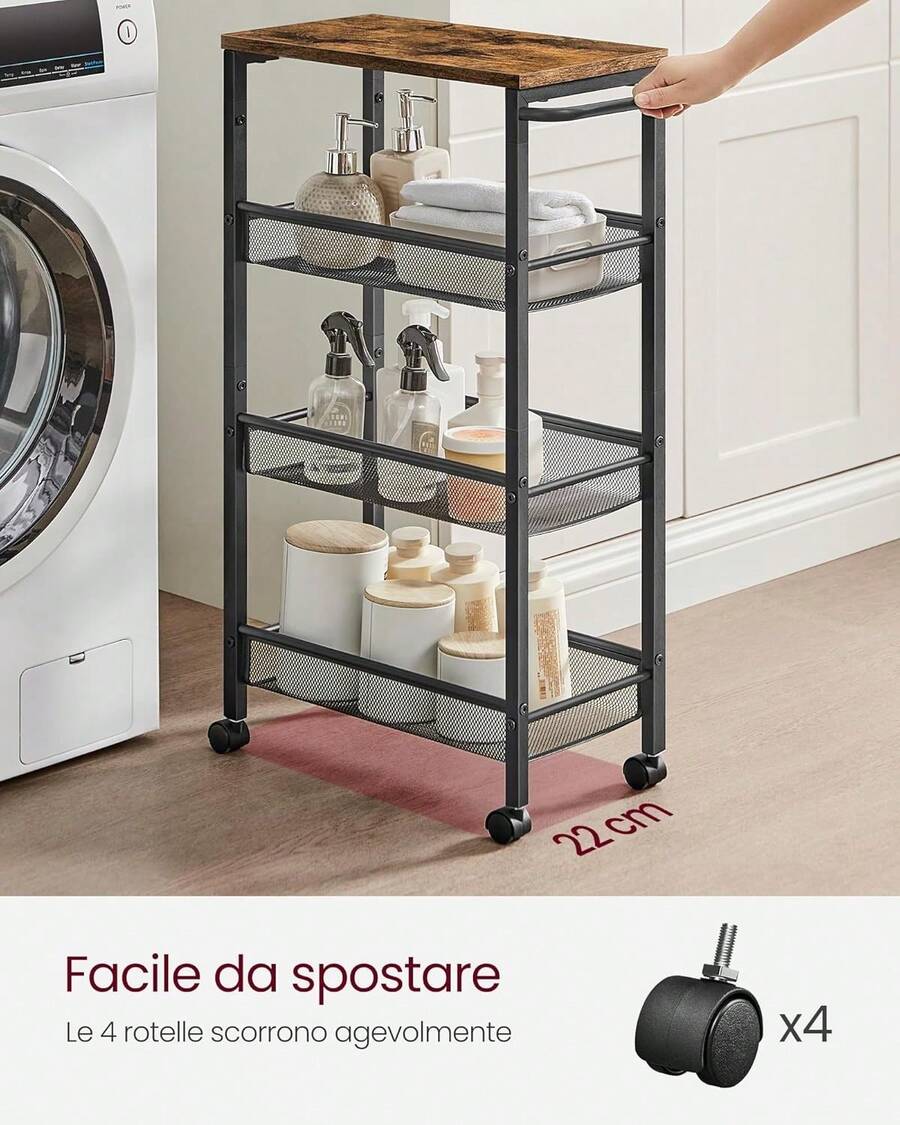 Carrello a 4 Ripiani, Carrello Cucina Salvaspazio con Ruote, Struttura in Acciaio, Maniglia, Carrellino Piccoli Spazi, Bagno Salotto Studio, Marrone Vintage e Nero, 13 x 45,4 x 77 cm/22 x 45,4 x 77 cm - Castano - Visualizzare 1