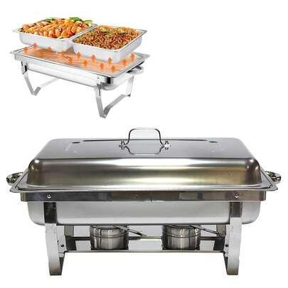Juego de buffet con 2 bandejas para calentar alimentos de acero inoxidable calentador resistente ideal para hostelería banquetes fiestas hogar buffet catering fácil de limpiar mantener calor prolongado incluye soportes y quemadores seguros