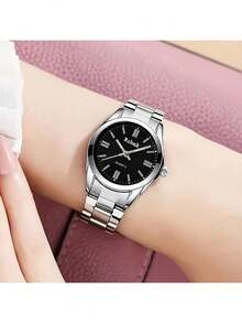 1 pieza de correa de acero inoxidable para señoras con aro circular y esfera simple luminosa, elegante reloj de cuarzo con manecillas, adecuado para decoración diaria y de fiesta. Reloj para mujer, reloj de lujo para señoras - Plateado - Ver 5