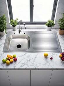 Tarja de fregadero de acero inoxidable, tina izquierda y panel derecho. Con tres orificios para grifería, diseño de gran tamaño ofrece amplio espacio para lavar platos y utensilios. Fácil de instalar para disfrutar sus ventajas rápidamente. - Unitalla - Ver 1
