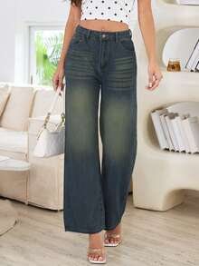 Women's Loose Button Front Wide Leg Plus Size Jeans, Casual And Fashionable-Fall Clothes For Women