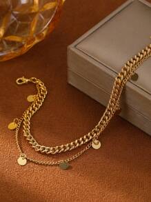 1 pieza Pulsera de tobillo elegante y ligera de doble capa chapada en oro de 18K con Charm circular, adecuada para uso diario, empaquetada en bolsa de terciopelo, para moda, verano, playa, fiesta en la piscina