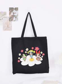 THE POWERPUFF GIRLS Cartoon Superhero Policewoman Minimalist & Stylish Canvas Shoulder Tote Bag, Casual Large Capacity Daily Work Commute Foldable Shopping Handbag
