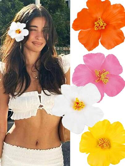 1/3 piezas de Horquillas de flor artificial hawaiana, pasadores de pelo de gasa para mujeres y niñas - Decoración para peinados de playa y fiesta luau