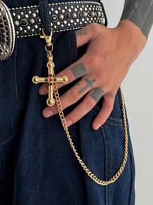 1pc Men's Faux Pearl Inlaid Gem Multi-Layer Metal Cross Pendant, Fashion Accessory, Punk Style Pants Chain, Key Chain, Waist Decor