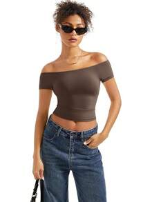 Women Double Lined Off Shoulder Tops Fitted Going Out Basic Shirts - Mocha - View 5