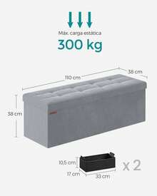 Puff Almacenaje, Baúl de Almacenaje Plegable, 38 x 110 x 38 cm, Taburete Reposapiés, Banco de Cubo, Soporta hasta 300 kg, para Sala de Estar, Dormitorio, Entrada, Gris Paloma - Gris Claro - Ver 6