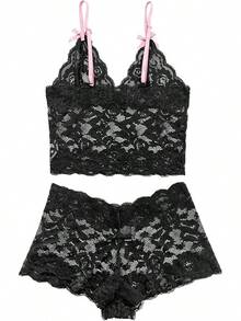 Floral Lace Lingerie Set High Waist Sleepwear Bra And Panty 2 Piece Nightwear 2025 Back-To-School Season Fall Pjs - 黑色和粉紅色領結 - 查看 5