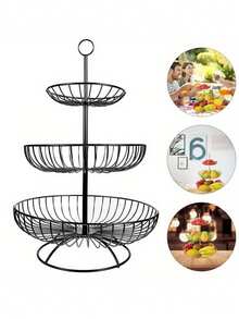 1pc Fruit Basket With 3 Shelves, Large Metal Wave Fruit Basket, Storage Basket For Fruits And Vegetables, Kitchen - Durable Fruit Holder For Onions Snacks And Vegetables, Kitchen Storage Utensils, Room Decoration, Suitable For Kitchen, Restaurant, Party, Camping, Gathering, Gift For Friends, Family Gift - Multicolor - View 1