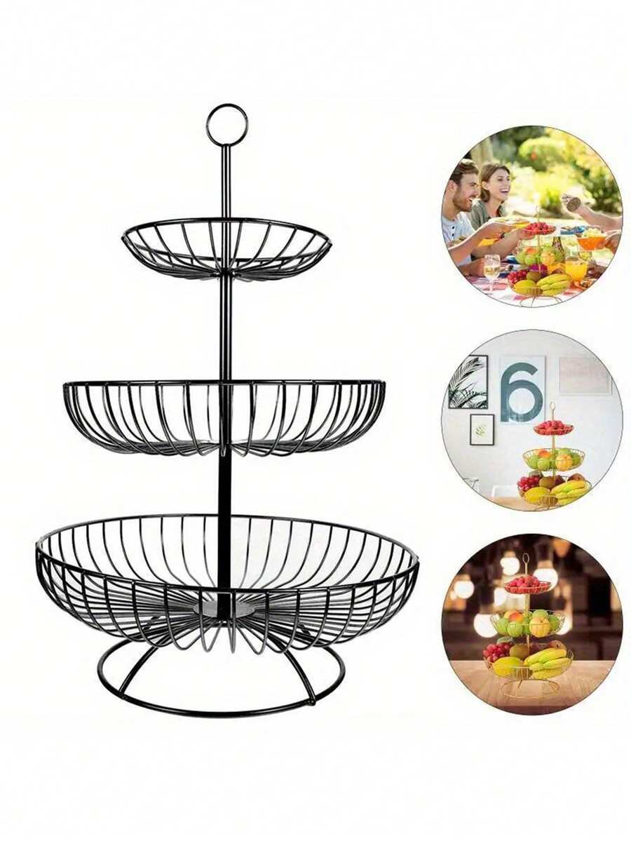 1pc Fruit Basket With 3 Shelves, Large Metal Wave Fruit Basket, Storage Basket For Fruits And Vegetables, Kitchen - Durable Fruit Holder For Onions Snacks And Vegetables, Kitchen Storage Utensils, Room Decoration, Suitable For Kitchen, Restaurant, Party, Camping, Gathering, Gift For Friends, Family Gift - Multicolor - View 1