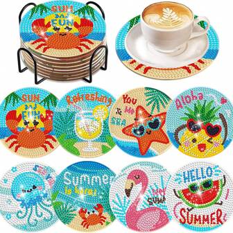 8 件花卉图案钻石画杯垫 DIY 套装，耐热防滑杯垫带支架，适合初学者艺术和手工艺，理想礼物