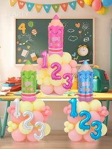 28pcs/Set Back To School Theme Decoration Balloons - Back To School Party Decor Set, Pencil Balloons (Pink/Green/Blue), 16" "123" Slogan Banner Balloons (Silver/Blue/Magenta), 10"/5" Latex Balloons (Light Pink/Light Yellow) - Multicolor - View 1