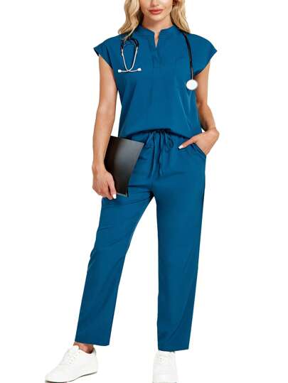 cimmuovere Uniforme de uniforme de salud set con top holgado sin mangas de cuello alto y pantalones con múltiples bolsillos, para trabajadores de la salud de talla grande