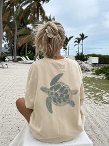 Damen Sommer Neu Einfach Niedlich Schildkröten Muster Lässig Urlaubs Stil Locker Vielseitig Rundhals Aprikose Kurzarm T-Shirt Modisch Täglicher Oberteil Geeignet Für Täglichen Urlaub Tragen Weißes Oberteil