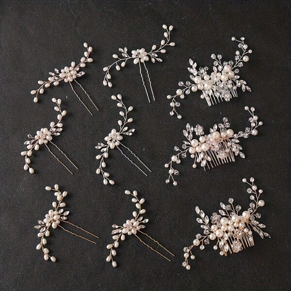5 Pcs Elegant Bridal Hair Accessories Set, Including Pearl & Rhinestone - Floral & Leaf Design Metal Hair Comb & Clips, Suitable For Wedding Hairstyle Decorations