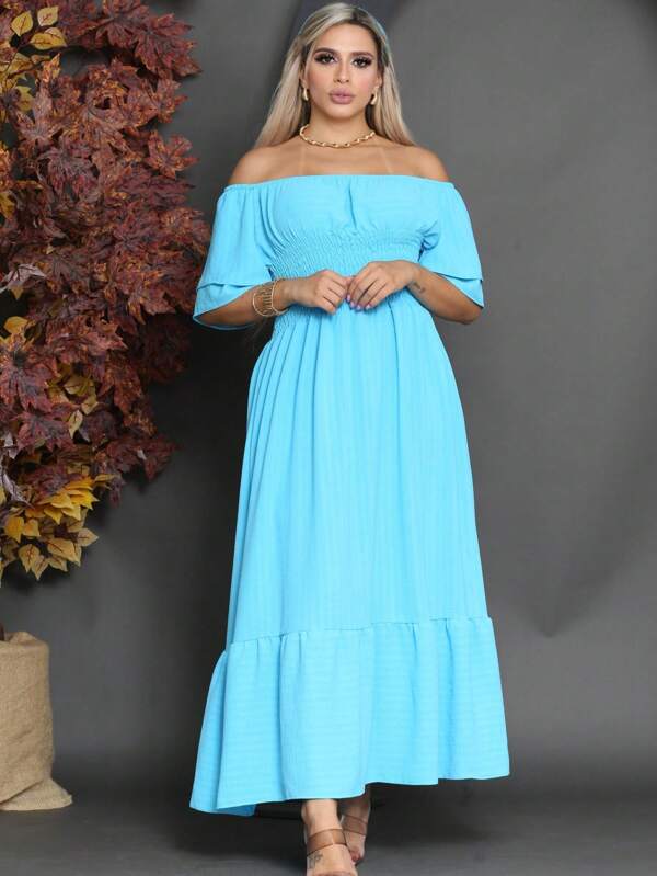 Vestido midi tres marias ciganinha ombro a obro lastex franzido tecido duna