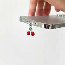 New Palace Style Drip-Oil Alloy 3D Red Cherry Mobile Anti-Dust Plug Pendant Accessories Fit For IPhone, Android Type-C Charging Port Dust Plug Decoration