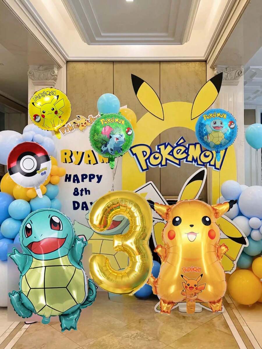 pokemon 10 piezas de globos con temática de Pokemon, globos de Pikachu, pequeños dragones de fuego, globos decorativos de la tortuga Jenni para fiesta de cumpleaños