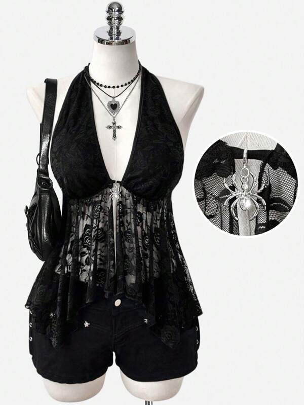 Women's Irregular A-Line Lace Hollow Sheer Spider Decor Punk Retro Street Style Camisole Top, Spring/Summer