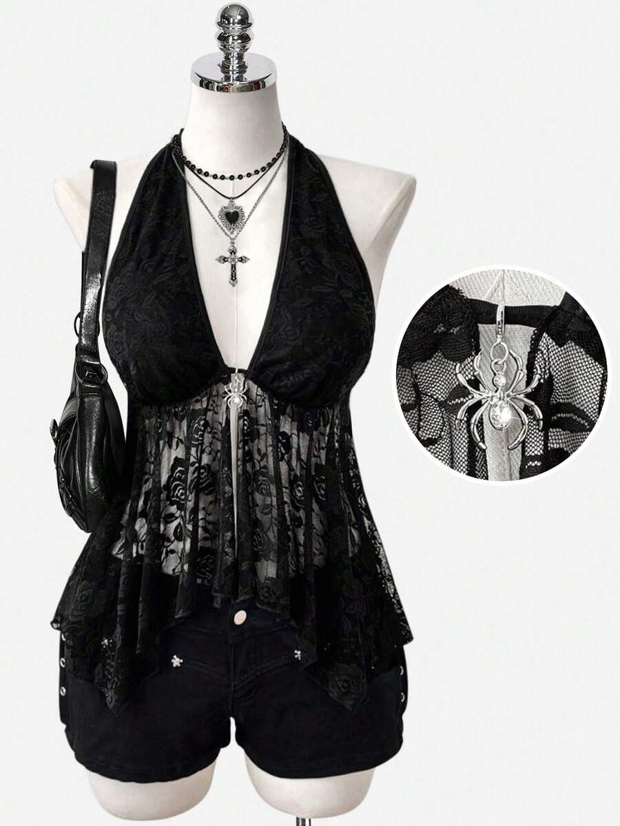 Women's Asymmetrical A-Line Lace Hollow Sheer Spider Decor Punk Retro Street Style Camisole Top, Spring/Summer - Black - View 1