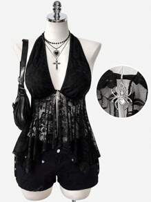 Women's Irregular A-Line Lace Hollow Sheer Spider Decor Punk Retro Street Style Camisole Top, Spring/Summer