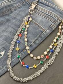 2025 New Model Pearl Pants Chain Three Layers Locomotive Chain Fashionable Men And Women Hip Hop Accessories Retro Keychain