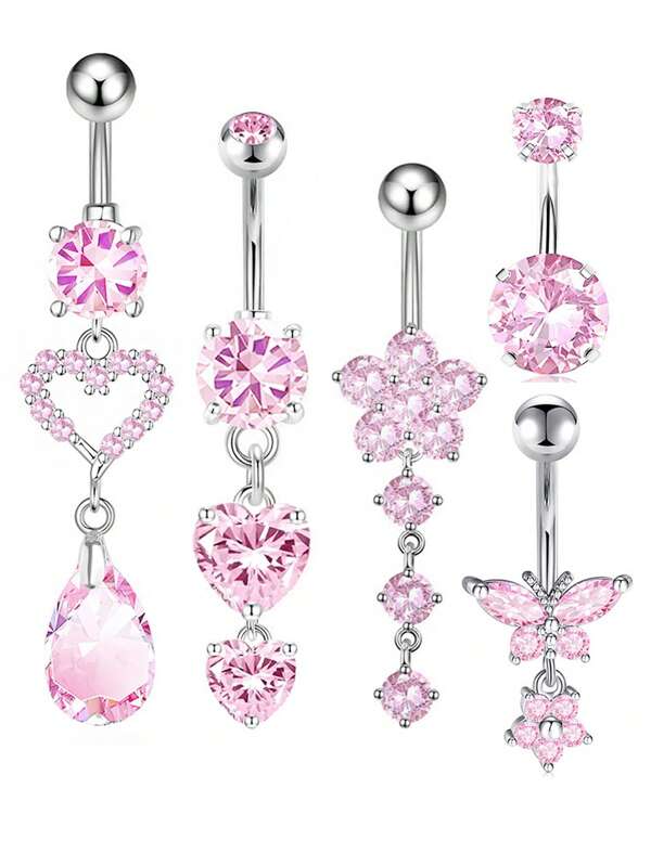 5pcs Silver & Pink Heart, Teardrop, Butterfly Shape 316L Stainless Steel Navel Piercing Jewelry Set, European Style Suitable For Daily Wear