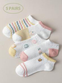 5 Pairs Of Candy Colored Women's Socks, Cute Playful Smiling Face With Embossed Floral Pattern Women's Short Socks Ankle Socks, Casual Sports Daily And Going Out Wear