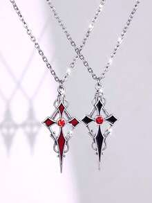 2pcs/Set Unisex Stainless Steel Necklace With Cross, Snake And Heart Elements, Suitable As Gift For Friends, Girlfriend/Boyfriend - Silver - View 4