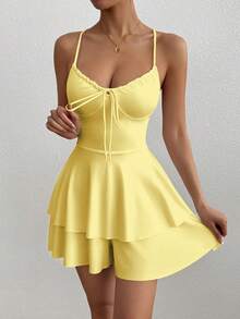 1 pieza Vestido de mujer estilo Y2K sexy con espalda cruzada y cordón, elegante mono con pliegues sin espalda, adecuado para bar, fiesta, hogar, graduación