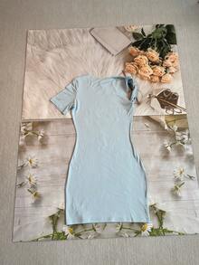 女士街头风格不对称领口短袖纯色修身性感紧身迷你连衣裙 - 藍色 - 查看 2