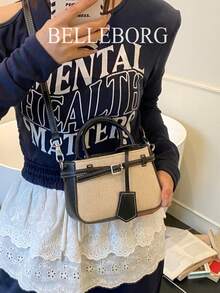 Casual Colorblock Textured Versatile Commuter Vintage Canvas Strap Buckle Women's Small Handheld Square Bag - Black - View 5
