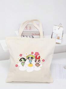 THE POWERPUFF GIRLS Cartoon Superhero Policewoman Minimalist & Stylish Canvas Shoulder Tote Bag, Casual Large Capacity Daily Work Commute Foldable Shopping Handbag