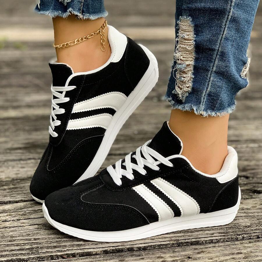 Women'S Lightweight Fashion Sneakers- Comfortable, Non-Slip, Lace-Up Casual Sneakers With Cushioned Insoles, White And Blue Striped Design, Low-Cut EVA Sole, Suitable For All-Day Wear, Casual Sneakers| Low-Top Sneakers| Lace-Up Closure - 黑色 - 查看 1