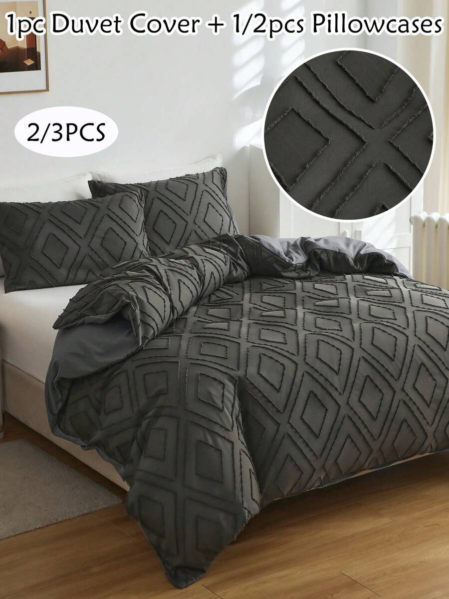 2/3 件深灰色钻石图案簇绒纹理涤纶羽绒被套，波西米亚风破旧别致床上用品套装，适合所有季节使用（1 个羽绒被套 + 1/2 个枕套），柔软透气，无填充物
