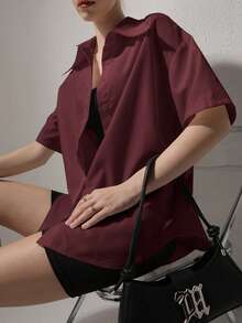QIANZHIDU 2024 Spring, Summer, Autumn Women's Fashion Blouse, Elegant Short Sleeve Button-Up Shirt, Office Lady Chic Top, Summer Women's Wear, Spring Women's Wear, Summer Tops, Valentine's Day And New Year Outfit - Burgundy - View 2
