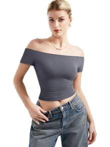 Women Double Lined Off Shoulder Tops Fitted Going Out Basic Shirts - Cheetah - View 8