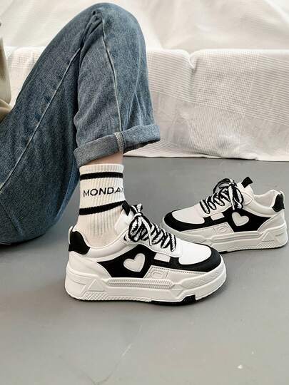 Zapatillas Deportivas Informales de Mujer Bicolor en Blanco y Negro,Suela Gruesa Transpirable De Moda