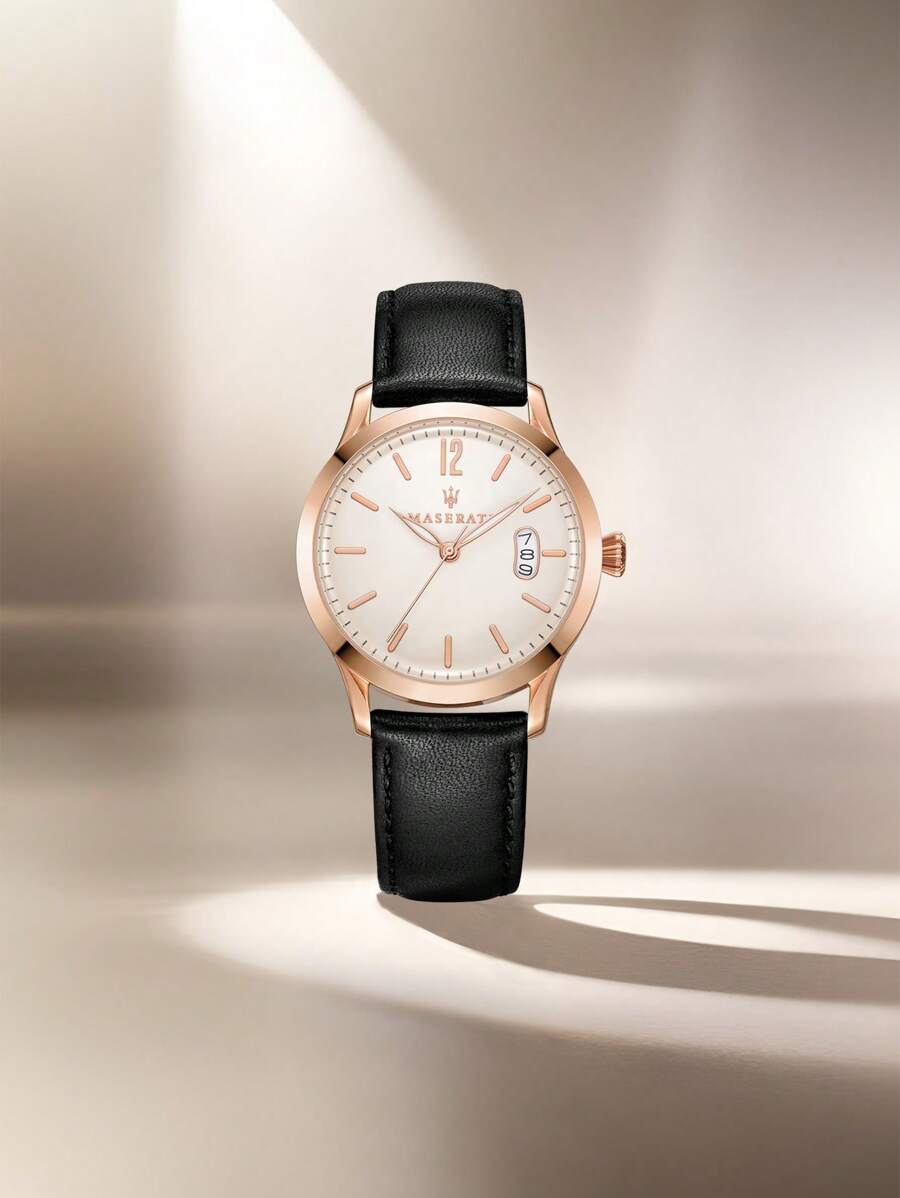 Maserati Men's Quartz Watch With Black Leather Strap And Date Display Dial Gold Case Wrist Watch For Men,R8851125002