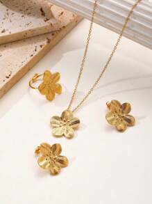 3pcs 18K Gold Plated Stainless Steel 5-Leaf Flower Design Earrings, Pendant Necklace And Ring Set, Gift Valentines,Mom,Mother,Mother's Day,Gift