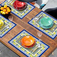 1/2/4/6 Luxury Placemats Lemon Blue Linen Placemats, 30 * 45cm Seasonal Daily Tablecloth Table Mats, Coasters, Suitable For Holiday Party Decoration, Coffee Table And Home Decoration, Kitchen Table And Room Decoration Accessories, Dining Table Decoration, Restaurant Company Gatherings