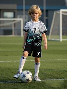 Kids Customizable New Real Madrid Commemorative Soccer Jersey Set #7, Polyester & Spandex Round Neck Top With Slight Stretch, Black & White, Unisex, Suitable For Soccer Parties, Weekend Leisure, Running, Yoga, Hiking - Spring/Summer Sportswear, Suitable For Outdoor Activities,Multi-Functional,Ornamental,Letter,Stylish,Modern,Colorful,Cute,Adorable,Casual,Custom,Personalised,Unique,Customized,Ideal Gifts For Him,Ideal Gifts For Her